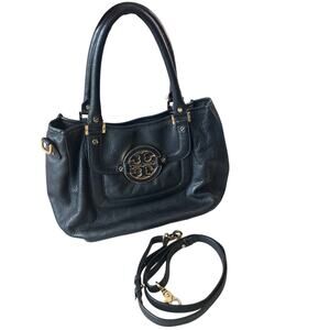 Tory Burch Amanda Slouchy Hobo Black Pebbled Leather Gold Logo